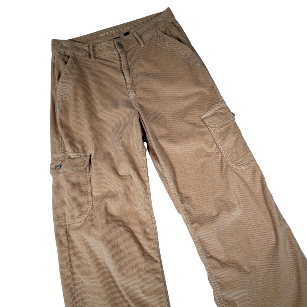 American Eagle Cargo Pants Women 10 Tan Corduroy Baggy Wide Leg Super High Rise